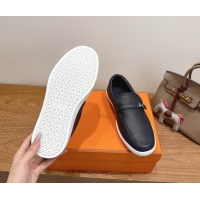 Popular Style Hermes Like Loafers in Grained Calfskin Dark Blue 2025 H082009 0820098