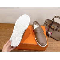 Unique Style Hermes Like Loafers in Grained Calfskin Grey 2025 H082009 0820100
