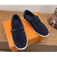 Good Looking Hermes Like Loafers in Suede Dark Blue 2025 H082009 0820102