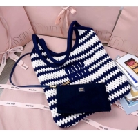 Good Quality Miu Miu Striped Knit tote bag 5BG231 White/Blue 2025