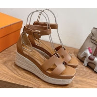 Crafted Hermes Elda Platform Wedge Sandals 8cm Grainy Calfskin Brown 2025 H082010 0820108