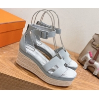 Super Quality Hermes Elda Platform Wedge Sandals 8cm Grainy Calfskin Light Blue 2025 H082010 0820109