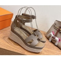 Best Price Hermes Elda Platform Wedge Sandals 8cm Grainy Calfskin Grey 2025 H082010 0820110