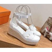Expensive Hermes Elda Platform Wedge Sandals 8cm Grainy Calfskin White 2025 H082010 0820111