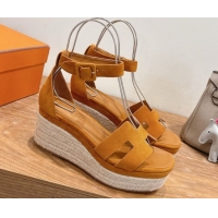 Classic Practical Hermes Elda Platform Wedge Sandals 8cm in Suede Brown 2025 H082010 0820115
