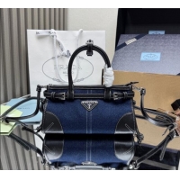 Discount Design Prada Bonnie small denim handbag 1BA486 Blue/Black 2025