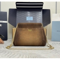 Big Discount Prada Enchaine mini suede bag 1BC263 Brown 2025