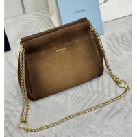 Big Discount Prada Enchaine mini suede bag 1BC263 Brown 2025
