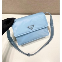 Famous Brand Prada Traveller small padded Re-Nylon shoulder bag 1BD313 Light Blue 2025