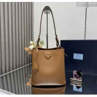 Buy New Cheap Prada Medium leather bucket bag 1BE080 Caramel Brown 2025