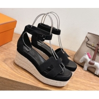 Crafted Hermes Elda Platform Wedge Sandals 8cm in Suede Black 2025 H082010 0820117