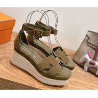 Best Grade Hermes Elda Platform Wedge Sandals 8cm in Suede Green 2025 H082010 0820119