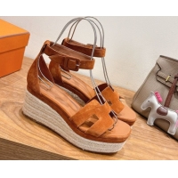 Perfect Hermes Elda Platform Wedge Sandals 8cm in Suede Tan 2025 H082010 0820120
