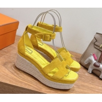 Best Price Hermes Elda Platform Wedge Sandals 8cm in Suede Yellow 2025 H082010 0820121