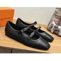 Comfortable Hermes Lilia Ballet Flats in Calfskin with H Buckle Black 0820123