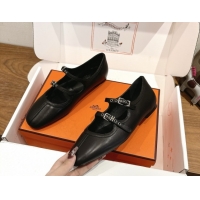 Comfortable Hermes Lilia Ballet Flats in Calfskin with H Buckle Black 0820123