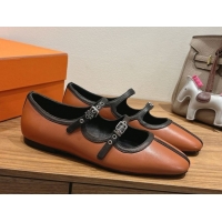Top Grade Hermes Lilia Ballet Flats in Calfskin with H Buckle Brown 0820125