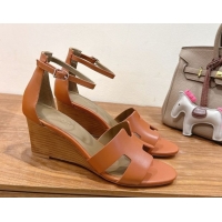 Unique Style Hermes Legend Wedge Sandals 7cm in Calfskin Leather Brown 0820126