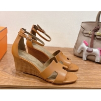 Popular Style Hermes Legend Wedge Sandals 7cm in Calfskin Leather Brown 0820128