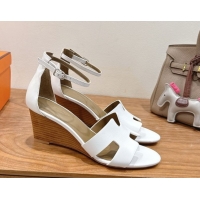 Charming Hermes Legend Wedge Sandals 7cm in Calfskin Leather White 0820130
