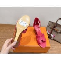 Good Quality Hermes Legend Wedge Sandals 7cm in Grained Calfskin Dark Pink 0820133