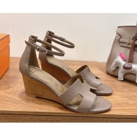 Super Quality Hermes Legend Wedge Sandals 7cm in Grained Calfskin Grey 0820135