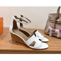 Top Quality Hermes Legend Wedge Sandals 7cm in Grained Calfskin White 0820136