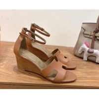 Buy Luxury Hermes Legend Wedge Sandals 7cm in Grained Calfskin Brown 0820138