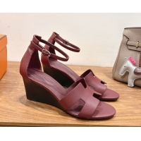 Durable Hermes Legend Wedge Sandals 7cm in Grained Calfskin Burgundy 0820140
