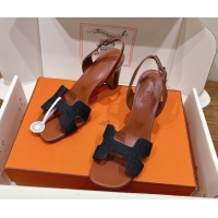 Best Luxury Hermes Eremite Heel Sandals 8cm in Denim Dark Blue H02275 0820144