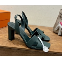 Promotion Hermes Eremite Heel Sandals 8cm in Grained Leather Dark Green 0820150