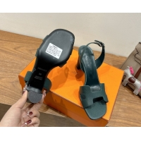 Promotion Hermes Eremite Heel Sandals 8cm in Grained Leather Dark Green 0820150