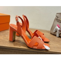 Good Taste Hermes Eremite Heel Sandals 8cm in Grained Leather Orange2 H02275 0820155