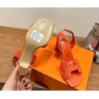 Good Taste Hermes Eremite Heel Sandals 8cm in Grained Leather Orange2 H02275 0820155