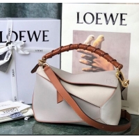 Shop Grade Loewe Small Puzzle Bag In Nappa Calfskin Leather With Woven Handle 0925 Grey/White 2025