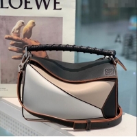 Top Quality Loewe Small Puzzle Bag In Nappa Calfskin Leather With Woven Handle 0925 Black/White 2025