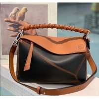 Hot Style Loewe Small Puzzle Bag In Nappa Calfskin Leather With Woven Handle 0925 Black/Brown 2025