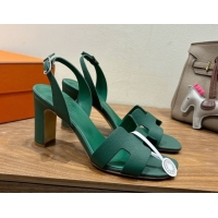 Luxurious Hermes Eremite Heel Sandals 8cm in Grained Leather Green2 H02275 0820161