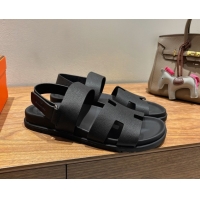 Luxury Hermes Genius Strap Sandals in Grained Leather Black H082011 0820165