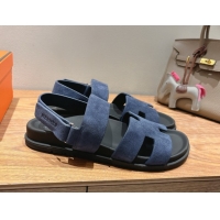 Good Quality Hermes Genius Strap Sandals in Suede Dark Blue 2025 H082011 0820171