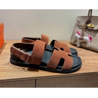 Best Product Hermes Genius Strap Sandals in Suede Dark Brown H082011 0820173