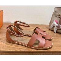 Best Price Hermes Santorini Flat Sandals in Calfskin Leather Brown 2025 H082013 0820184