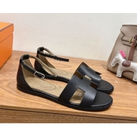 Good Product Hermes Santorini Flat Sandals in Calfskin Leather Black H082013 0820185