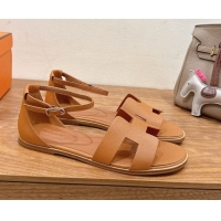 Low Price Hermes Santorini Flat Sandals in Epsom Calfskin Brown H082013 0820187