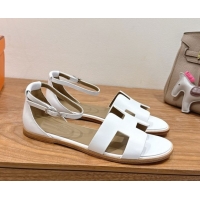 Low Cost Hermes Santorini Flat Sandals in Calfskin Leather White H082013 0820188