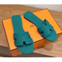 Super Quality Hermes Oran Classic Flat Slides Sandal in Stitching Rubber Green 0820189