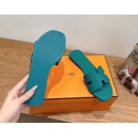 Super Quality Hermes Oran Classic Flat Slides Sandal in Stitching Rubber Green 0820189