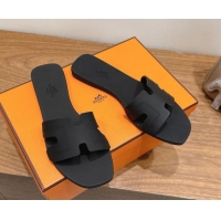 Best Luxury Hermes Oran Classic Flat Slides Sandal in Stitching Rubber Black 0820191