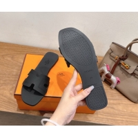 Best Luxury Hermes Oran Classic Flat Slides Sandal in Stitching Rubber Black 0820191