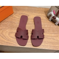 Grade Hermes Oran Classic Flat Slides Sandal in Stitching Rubber Burgundy 0820193